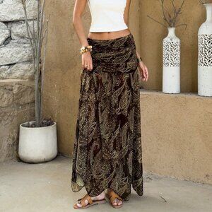 Brown Boho Women's Flower Print Skirt